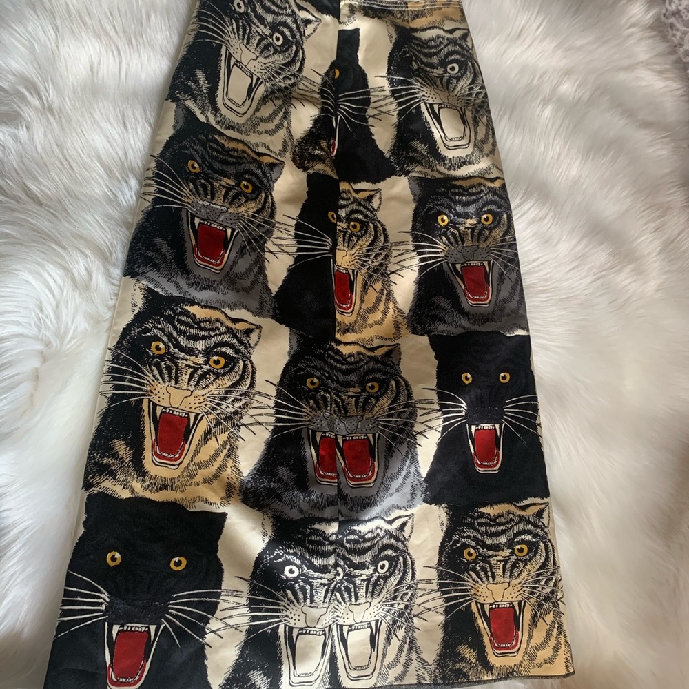 GUCCI Tiger Face Silk High Waist A-Line mid Skirt